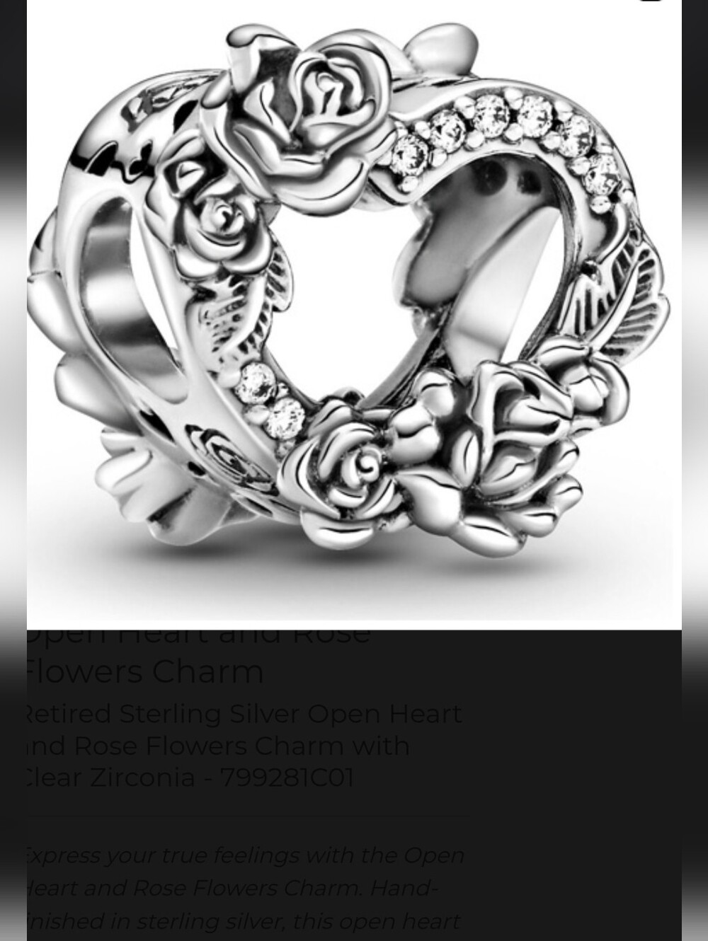 Pandora Open Heart & Rose Flowers Charm – Retired 799281C01